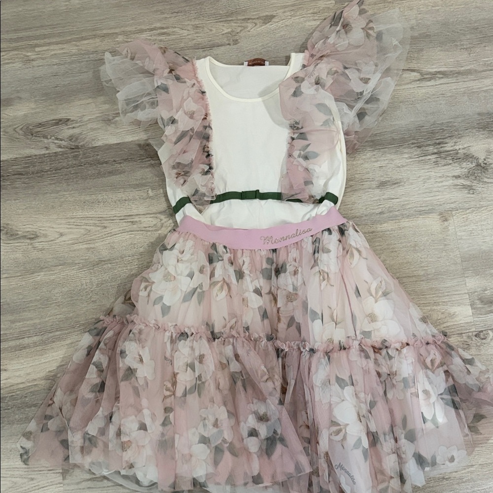 MonnaLisa Pink and White Floral Tulle Skirt Set